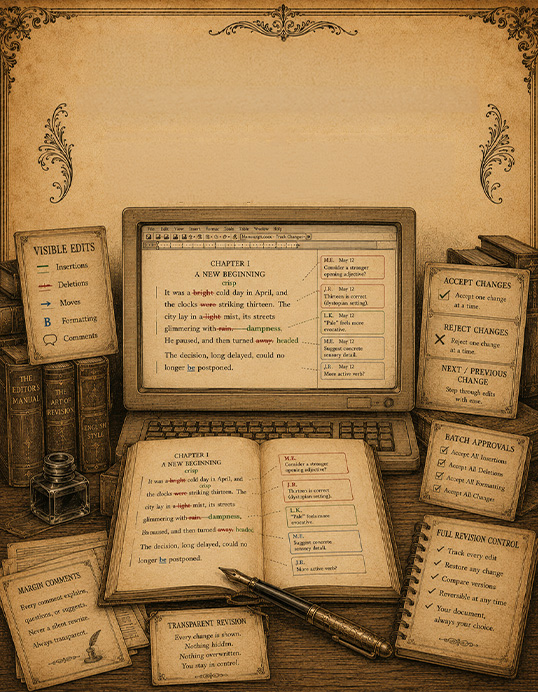 A vintage engraving of a manuscript edited with Track Changes, showing color coded edits and margin comments on screen and on paper